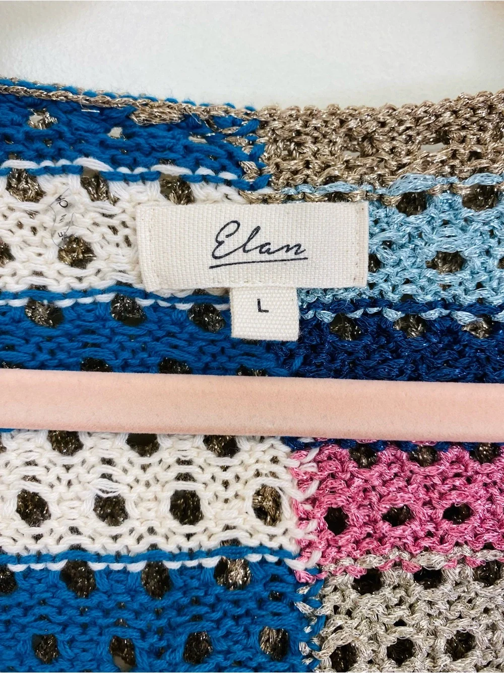 Elan Crochet Sweater Cardigan Sz L Metallic Hooded Hippie Boho Open Front Cozy
